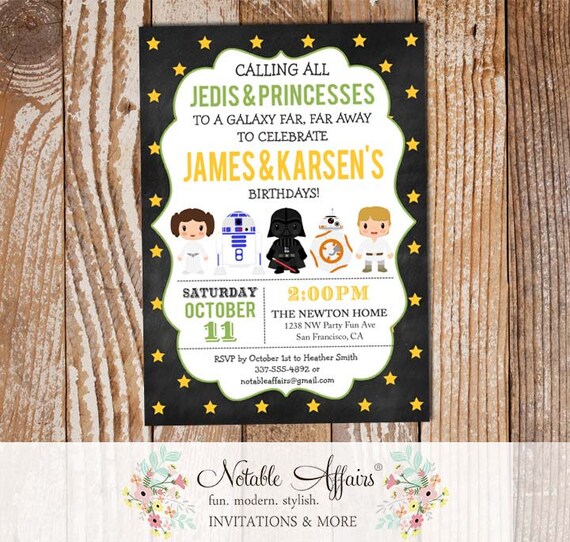 Modern Twins Siblings Star Wars Characters Chalkboard with Stars Background Birthday Invitation Calling all Jedis Princesses Birthday Invite Il_570xn