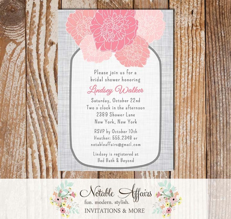Rustic Vintage Elegant Modern Gray Linen Floral Pink Peony Mason Jar Bridal Wedding or Baby Shower Invitation image 1