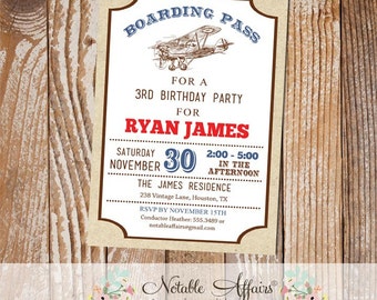 Vintage Light Navy and Red Airplane Birthday party invitation with kraft brown background - Airplane ticket style invitation - any age