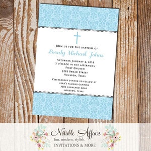 Light Blue Damask with Black - Cross Boy Baptism Invitation - announcement - Boy Baptism invitation - Communion invitation