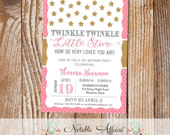 Twinkle Twinkle Little Star Polka Dots Stars Pink and Glittery Gold Modern Birthday Party invitation - choose your accent color