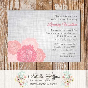 Rustic Vintage Elegant Modern Gray Linen Floral Pink Peony Bridal Wedding or Baby Shower Invitation