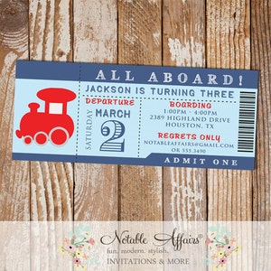 Choo Choo All Aboard Train Birthday Party Ticket Invitation colors can be changed no custom wording due to limited space image 1