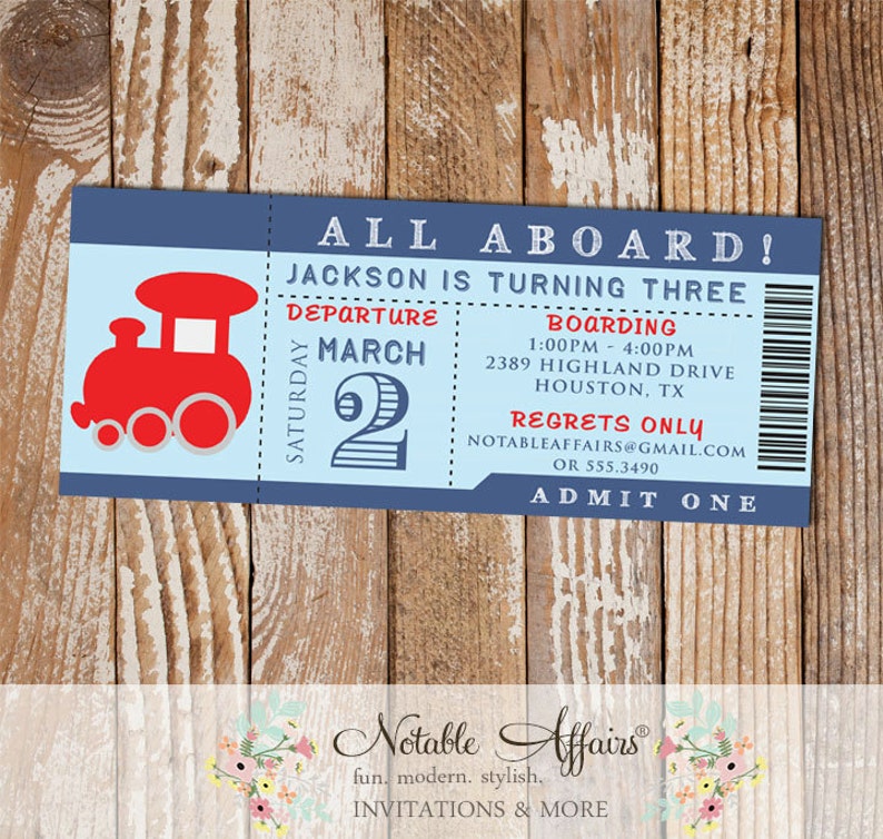 Choo Choo All Aboard Train Birthday Party Ticket Invitation colors can be changed no custom wording due to limited space image 1