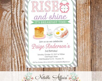 Rise and Shine Breakfast Pink Gold Lavender Mint Stripes Pancakes and Pajamas Birthday invite - any age - choose colors - Breakfast Birthday