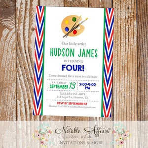 Artist Side Chevron Red Blue Green Birthday Party invitation - Art Birthday Painting party - choose your wording as long as it fits