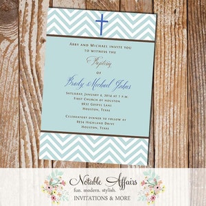 Light Blue Chevron with Brown Cross Boy Baptism Invitation - announcement - Boy Baptism Invitation
