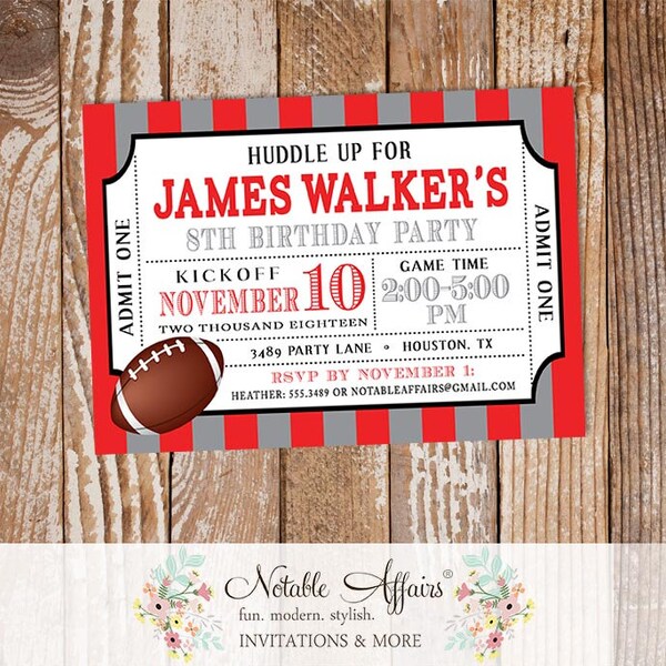 Football Tailgate Birthday Party Football Ticket Invitation - Gray and Red Football Invite- choose 2 colors - All Star Birthday Ticket