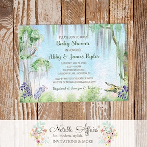 Horizontal Watercolor Cajun Louisiana Bayou Iris Gator Swamp Trees Baby Shower Bridal Shower Engagement etc invitation - no color changes