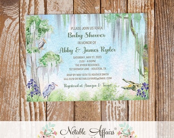Horizontal Watercolor Cajun Louisiana Bayou Iris Gator Swamp Trees Baby Shower Bridal Shower Engagement etc invitation - no color changes