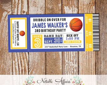 Blue and Yellow Modern Basketball Birthday Party Ticket Invitation - choose your colors - Basketball Birthday Invite