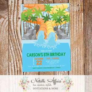 May include: A blue and green birthday invitation with a cartoon illustration of a water park with water slides. The text reads "Join us for Carson's 8th Birthday, Saturday October 22, 2:00-4:00PM, Spar Waterpark, 2378 Fun Party Lane, Houston, TX, RSVP by October 10th to Heather: 555 2378 Call or Text, Don't forget your swimsuit & towel".