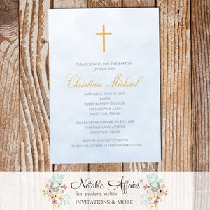 Light Blue Gray Tan Gold Watercolor Christening Invitation Cross Baptism - Boy Baptism invitation - First Communion or Dedication Invite