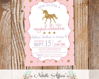 Stars Light Pink gold glitter unicorn invitation - unicorn birthday party - any age - choose up to 5 colors - magical unicorn birthday
