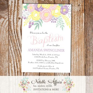 Pastel Yellow Pink Lavender Flowers Christening Invitation Baptism - Girl Baptism invitation - Communion Dedication - no color changes