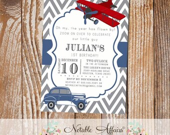 Gray and Navy Blue Chevron Vintage Car Modes of Transportation Birthday Invitation  - airplane car party - choose your own wording