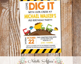 Come Dig It Bulldozer Dump Truck Yellow Black Construction Birthday Party Invitation - Construction Invitation - choose your wording