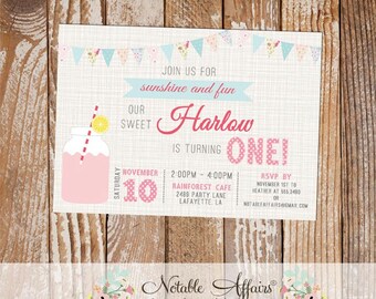 Shabby Chic Bunting Rustic Pink Lemonade Birthday Invitation on brown linen - no photo - choose your own wording - no color changes