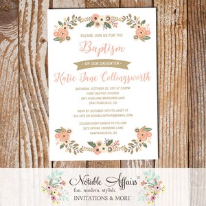 Pink with Tan Gold Baptism Flowers Christening Invitation - Girl Baptism invite - First Communion or Dedication Invitation - Floral Baptism