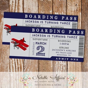 Airplane Ticket Boarding Pass only for Birthday Party Ticket Invitation - choose your own colors - NO custom wording due to limited space