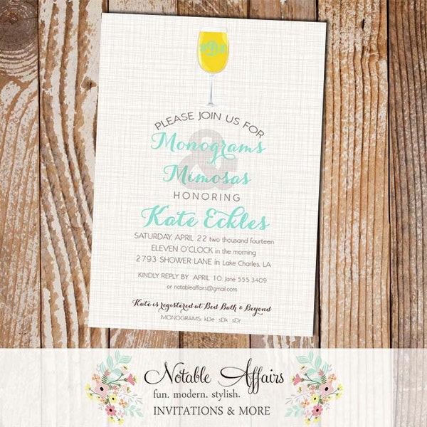 Monograms and Mimosas Bridal Shower Couples Shower Party Invitation - choose your text accent color