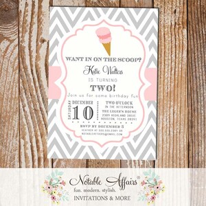 Chevron and Light Pink Chevron Ice Cream Cone Dessert Birthday Party Baby Shower Modern Invitation - any age - choose your colors