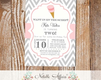Chevron and Light Pink Chevron Ice Cream Cone Dessert Birthday Party Baby Shower Modern Invitation - any age - choose your colors