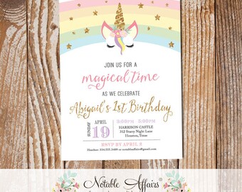 Modern Pastel Rainbow gold glitter unicorn head with stars invitation - unicorn birthday - any age - magical unicorn flower crown birthday