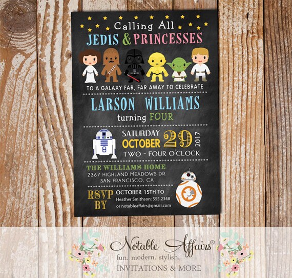 Modern Star Wars Characters Chalkboard and Stars Birthday Invitation - Calling all Jedis and Princesses Birthday Party Invite Il_570xn