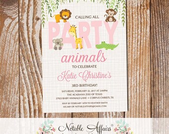 Girl Jungle Zoo Baby Animals Birthday Invitation - Zoo Birthday Party - Wild with excitement invite - lion monkey koala giraffe gator shower
