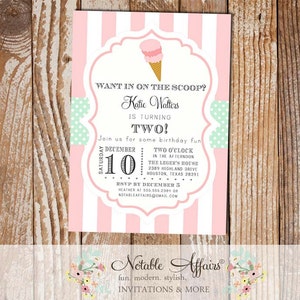 Ice Cream Cone Parlor Shoppe Birthday Party invitation - Want in on the scoop - Ice Cream party - light pink and ghost mint