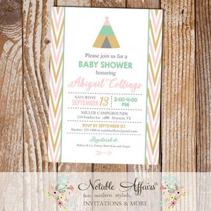 Modern pastel Indian pow wow Arrow Tent Girl Baby Shower invitation - Pink Gold Mint Baby Shower