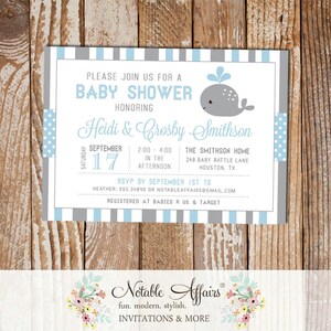 Gray and Light Blue Baby Whale Stripes and Polka Dots Baby Shower invitation - choose your colors - Whale Under the Sea Baby Shower