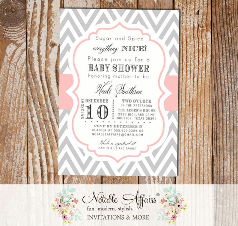 Chevron and Light Pink Chevron Sugar and Spice and Everything Nice Baby Shower Modern Invitation Sugar and Spice Baby Shower image 1