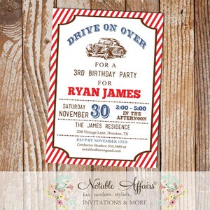 Light Navy and Red Stripes Car Birthday party invitation with kraft brown background - Car ticket style invitation - any age