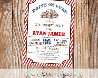 Light Navy and Red Stripes Car Birthday party invitation with kraft brown background - Car ticket style invitation - any age