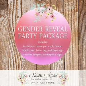 Gender Reveal Party Shower Package Set includes invitation favor tags thank you cards door welcome sign blank cards and more