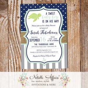 Dark Navy Blue Gray Ghost Mint Stripes Dots Burlap Sea Turtle Baby Shower Gender Reveal Party or Birthday Invitation - choose up to 3 colors