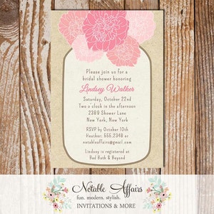 Rustic Vintage Elegant Modern Kraft Floral Pink Peony Mason Jar Bridal Wedding or Baby Shower Invitation