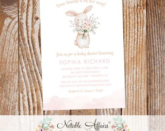 Watercolor girl woodland bunny floral Baby Shower Birthday invitation - woodland bunny rabbit shower invite -  no color changes