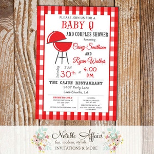 Baby Q BBQ red gingham baby shower couples shower engagement party Barbecue party etc invitation - any event