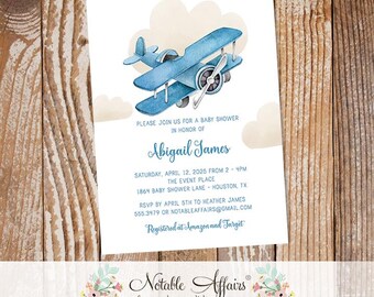 Watercolor Blue Airplane with Clouds Baby Shower or Birthday invitation - choose your own wording - no color changes