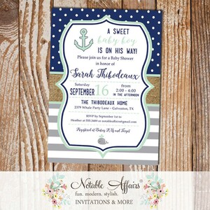 Dark Navy Blue Gray Ghost Mint Stripes Dots Burlap Anchor Whale Baby Shower Gender Reveal Party Birthday Invitation - choose up to 3 colors
