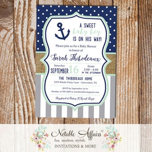 Dark Navy Blue Gray Ghost Mint Stripes Dots Burlap Anchor Baby Shower Gender Reveal Party or Birthday Invitation - choose up to 3 colors
