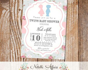 Twins Boy and Girl Shabby Chic Vintage Cottage Rustic Baby Shower Invitation - Choose your wording