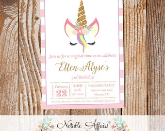 Light pink stripes gold glitter unicorn head invitation - unicorn birthday - any age - magical unicorn head with flower crown birthday