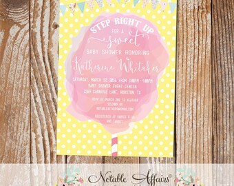 Cotton Candy Carnival Baby Shower invitation with polka dots and bunting - light pink and light yellow - NO color changes