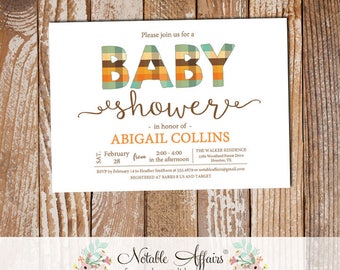 Autumn Fall Baby Shower BABY Pastel Plaid Pattern Letters - Autumn Shower Invitation - Bridal Shower, Baby Sprinkle, Gender Reveal, etc