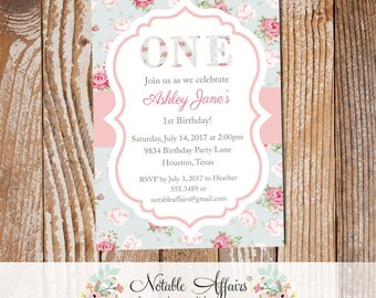 Shabby Chic Vintage Cottage Rustic Floral Roses Girl Birthday Invitation - any age - no color changes - shabby chic birthday invite