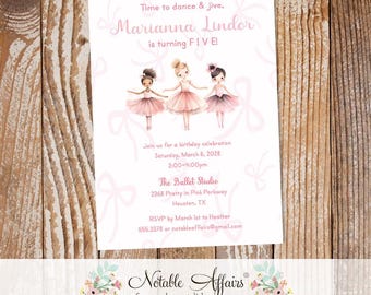 Watercolor Pink Coquette Bows Three Ballerina Birthday invitation - ballerinas and bows invite - no color changes